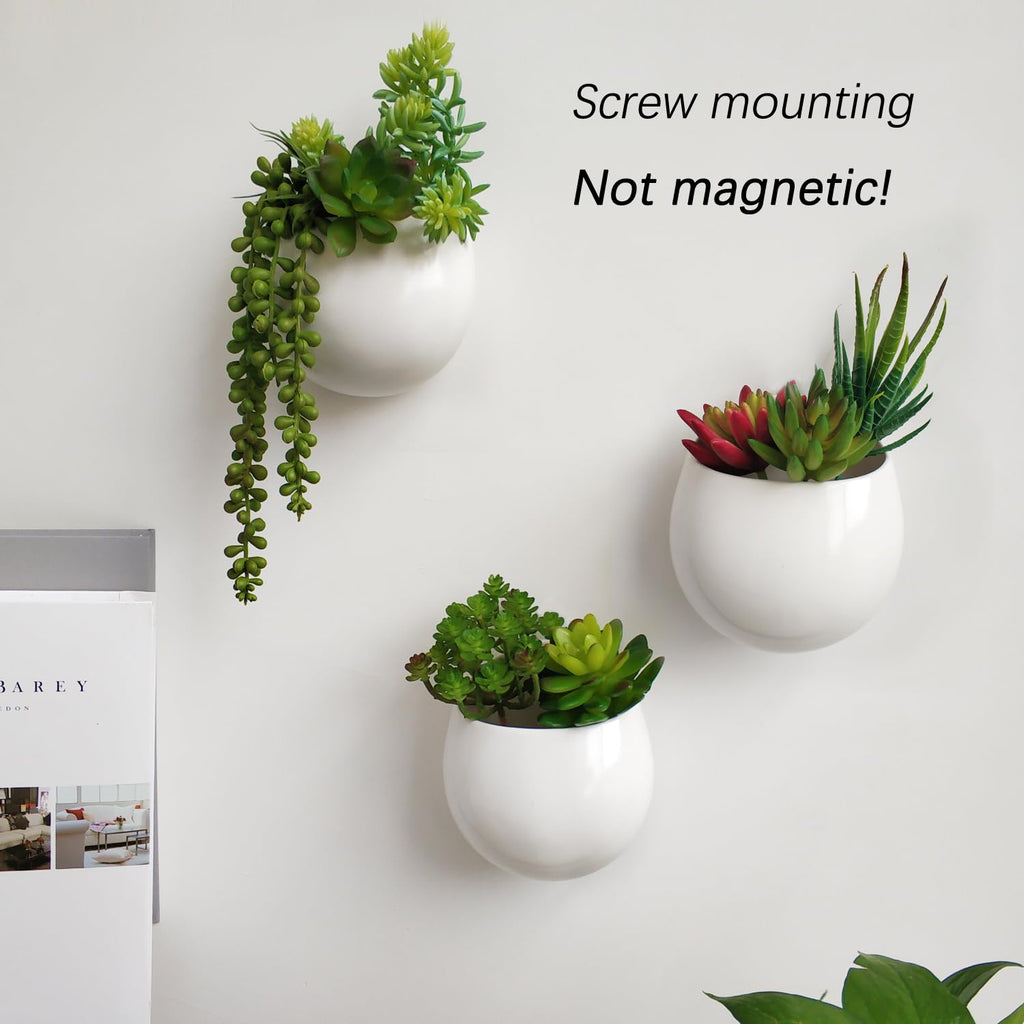 Wall Planter Ceramic Hanging Pot with Artificial Fake Plants, 3 Pack