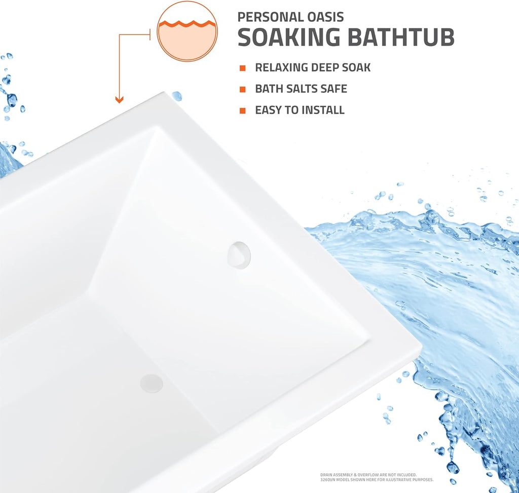 Illyrian AZ3272VNS 32" x 72" Soaker Acrylic Rectangle Drop-In Bathtub - Easy Installation - Smooth Glossy Ultra White