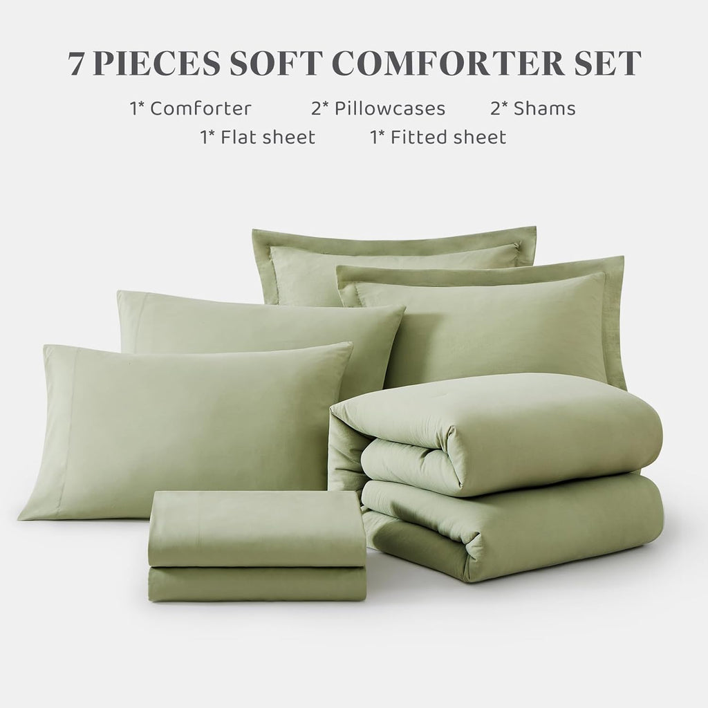 Queen Comforter Set - 7 Pieces Sage Green Soft Bed in a Bag Queen with Fitted Sheet, Flat Sheet, 2 Pillow Shams