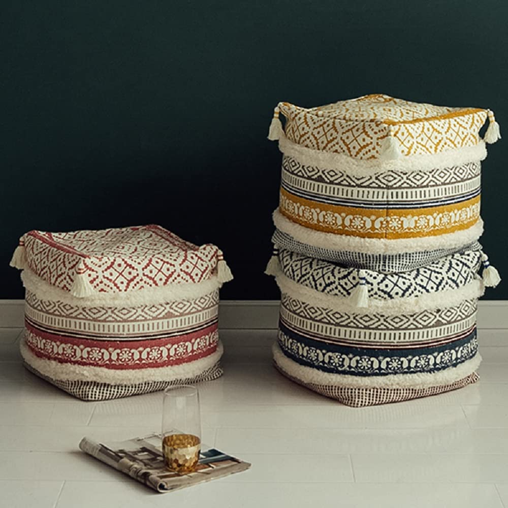 Prague Printed Tufted Tassel Square Pouf Cover, Cotton, Yellow