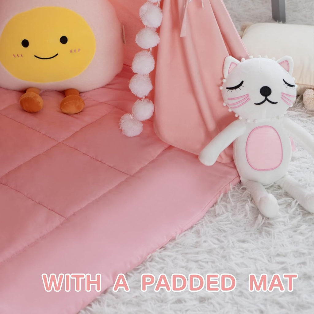 Teepee Tent for Kids with Padded Mat Cotton Canvas Kids Tent with Pompom for Toddlers Indoor Play Tent for Girls Boys