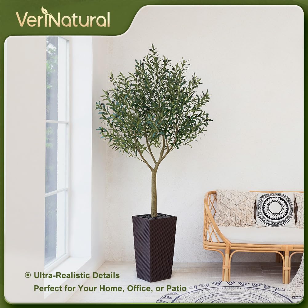 Artificial Olive Tree 7FT, UV Resistant Tall Fake Tree Indoor Outdoor with Brown Taper Planter & Pebbles - Potted