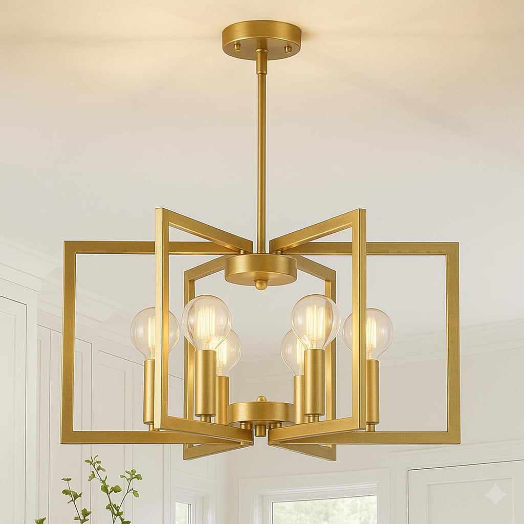 Modern Gold Chandelier 6 Light Height Adjustable Geometric Metal Farmhouse Hanging Light Fixture for Dining Room Over