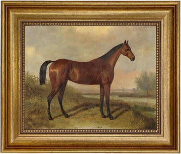 William Barraud Hunter in Landscape Oil Painting Print on Canvas in Antiqued Gold Frame, Equestrian Horse Ready To