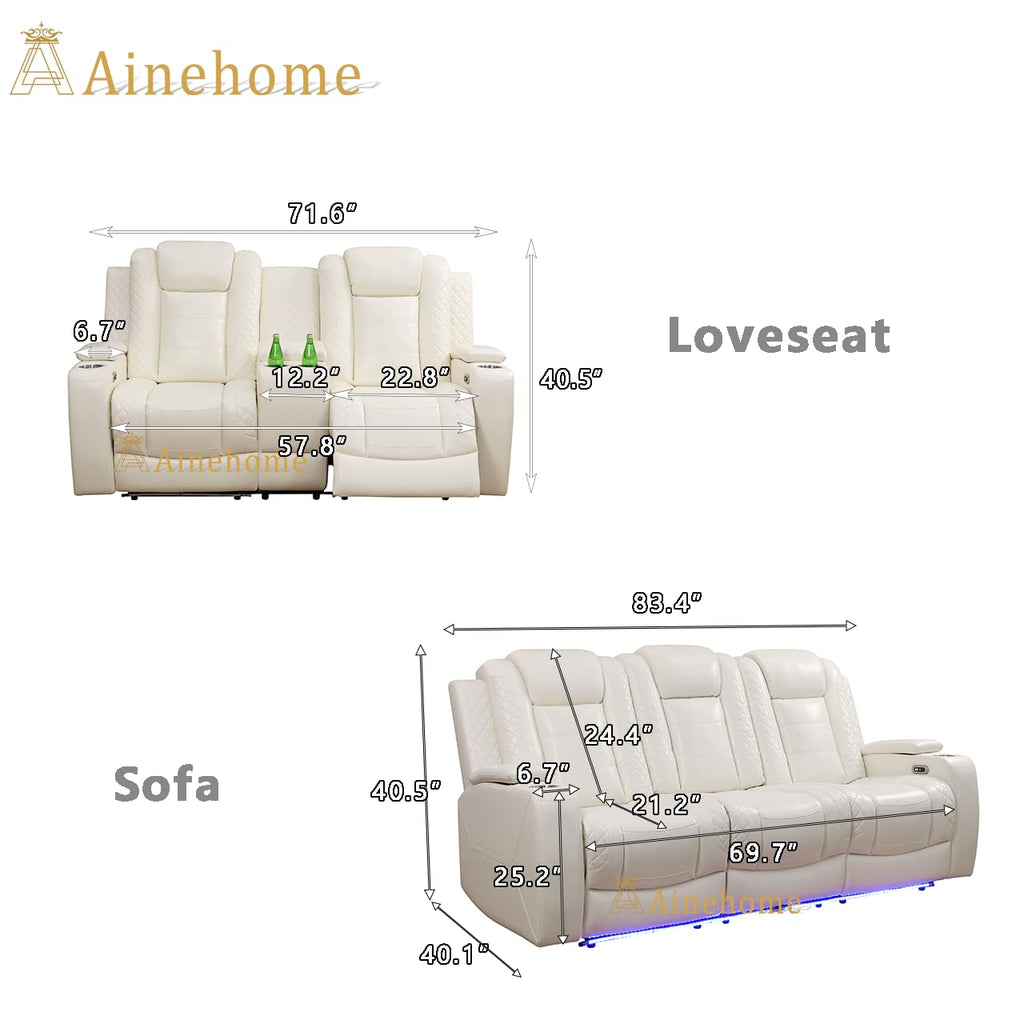 Power Leather Recliner Sofa Set with LED Lights, Recliner Sofa Sectional Couches, Reclining Sofa and loveseat with