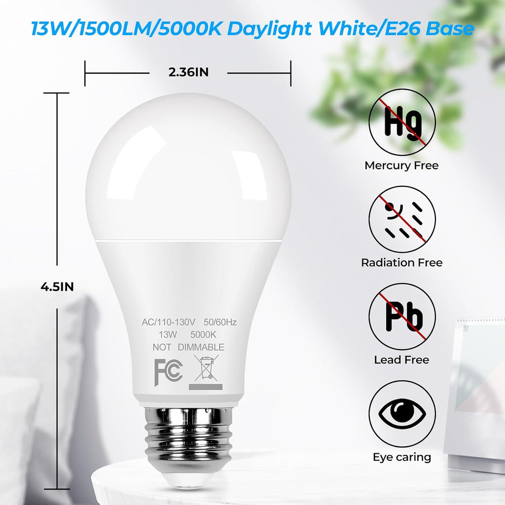 12-Pack A19 LED Light Bulbs 100W Equivalent Bulbs, Super Bright 1500 Lumens 13W 5000K Daylight White Bulbs with
