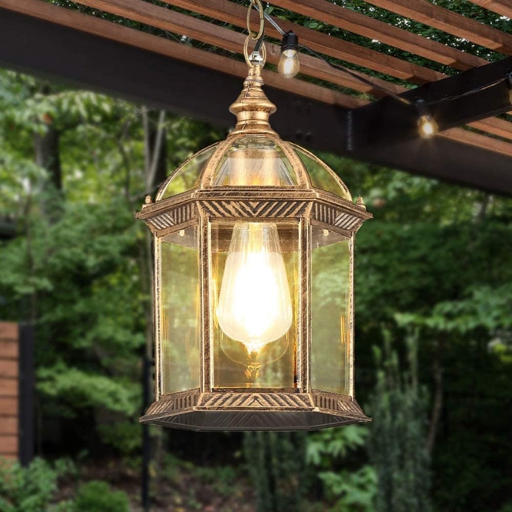 Outdoor Waterproof Bronze Hanging Lantern, Rustic Exterior Pendant Light Traditional Style Ceiling Chandelier