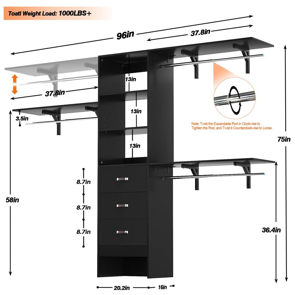 8FT Closet System, 96'' Closet Organizer System with 3 Hanging Rods, Wall Mount Bedroom Wardrobe with 3 Drawers