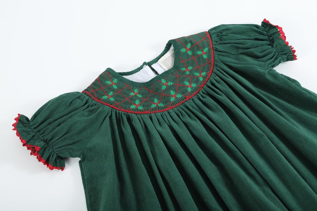 Green Mistletoe Christmas Smocked Bishop Dress