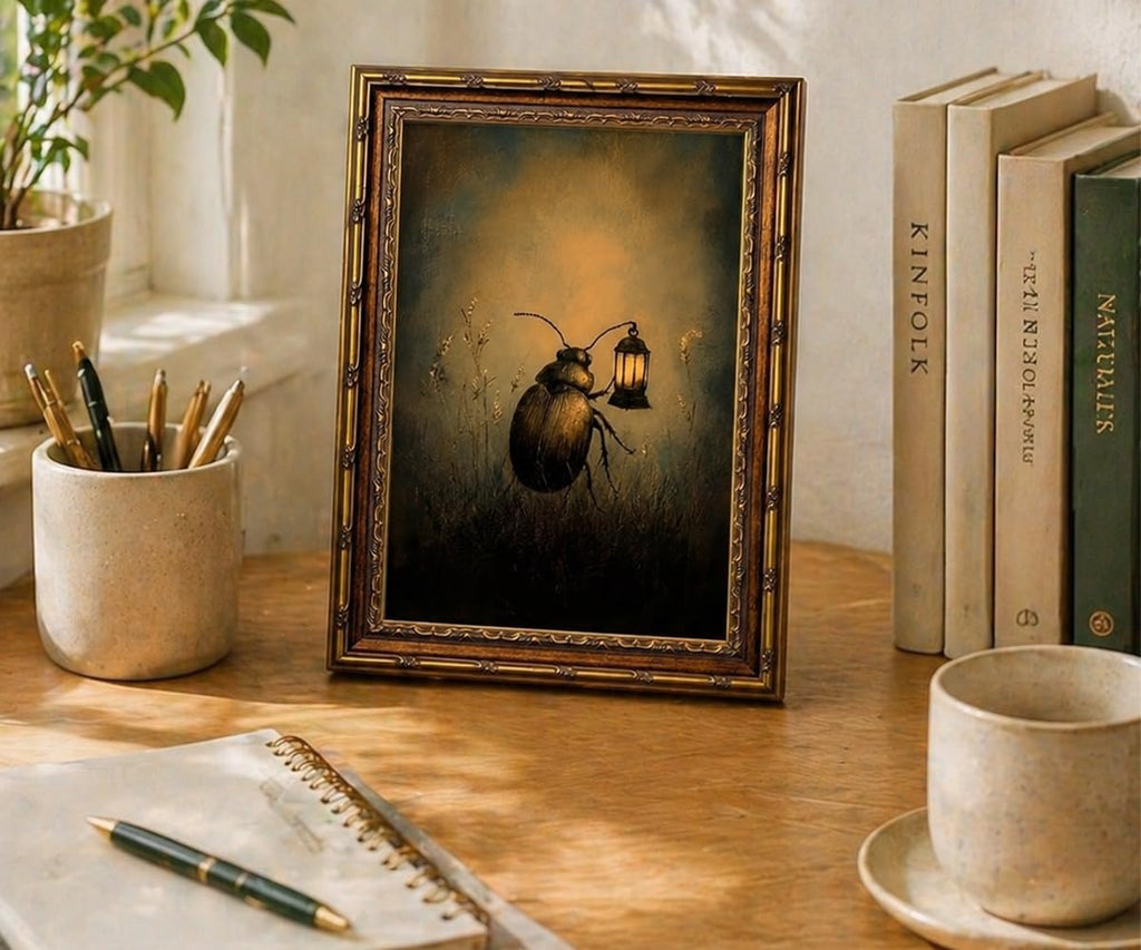 Vintage Gold Framed Wall Art Retro Dark Beetle with Lantern Academia Insect Poster Canvas Print Painting, Farmhouse