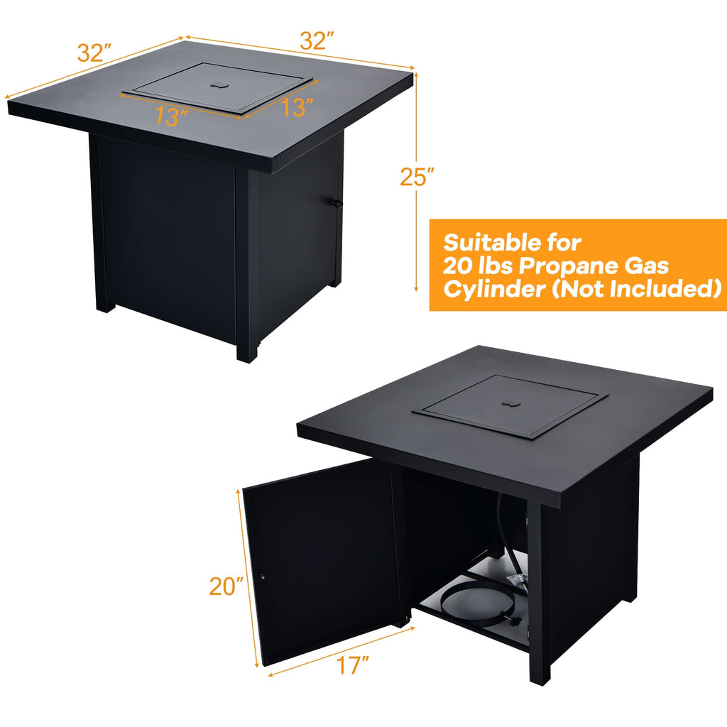 32-Inch Propane Fire Pit Table, 40000 BTU Square Gas Firepit Table with Lid, Fire Glass and Adjustable Flame, CSA
