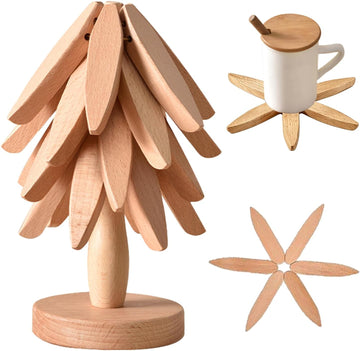 Natural Foldable Black Walnut Wooden Trivet Set - 4 Trivets + 1 Stand for Hot Dishes, Pot, Bowl, Teapot, Hot Pot