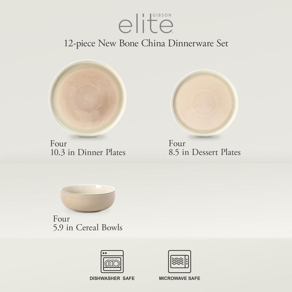 Island Bay 12-Piece New Bone China Dinnerware Set Service for 4, Reactive Glaze Plates and Bowls, Dishwasher
