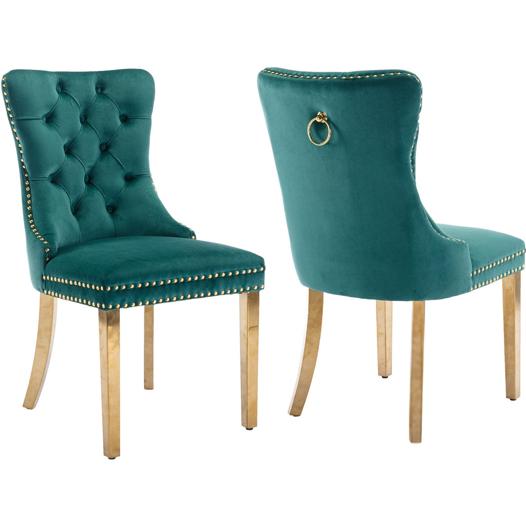 Luxury Upholstered Dining Chairs Set of 2, Green Kitchen Chair with Golden Metal Legs, Velvet Tufted Back Dining