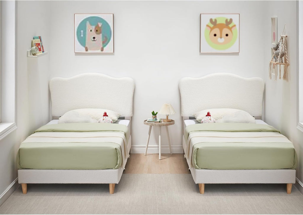 Upholstered Sturdy Twin Bed Frame for Kids, Girls, Boys, Beige | Scallop Headboard, Cute Velvet Platform Bed, No Box