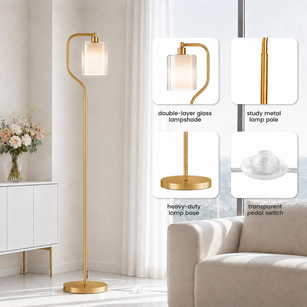 Dimmable Gold Floor Lamp with Double Glass Shade