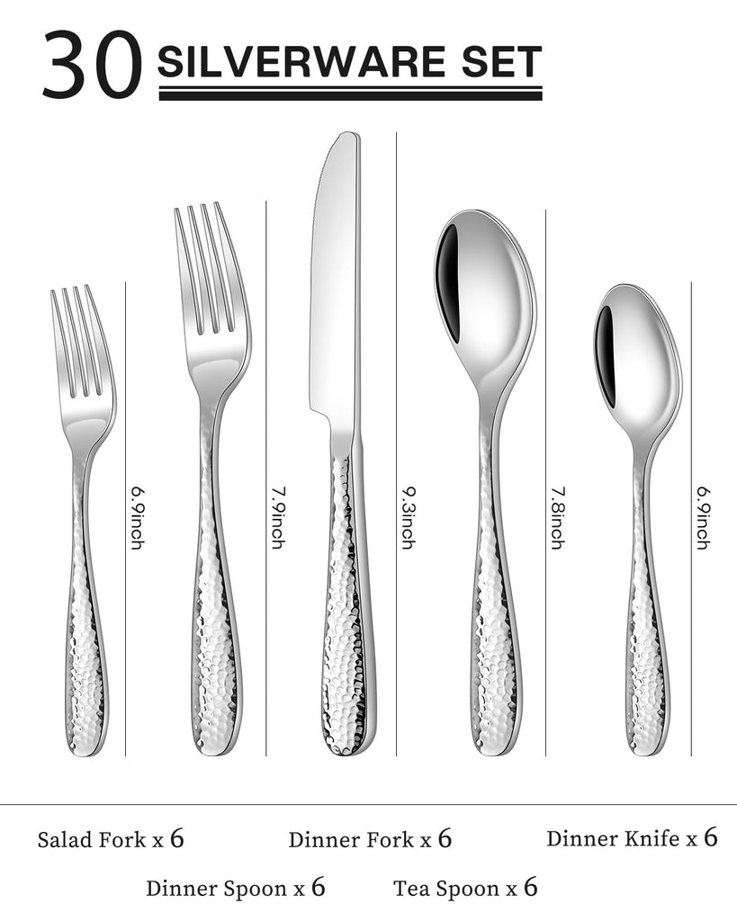 Hammered Silverware Set, Silver 30PCS Flatware Set for 6 Mirror Finish Stainless Steel Eating Utensils Sets Include