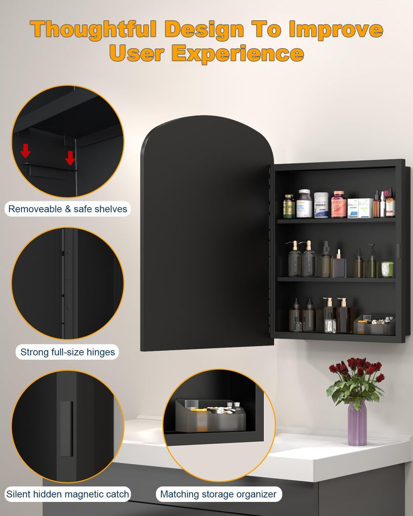 20"x28" Black Medicine Cabinet , Surface Mount or Recessed Medicine Cabinets with Storage and Arched Mirror