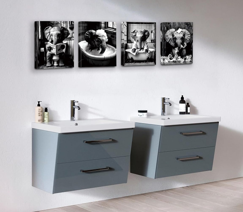 Framed Bathroom Decor Wall Art, Funny Black and White Elephant Wall Art