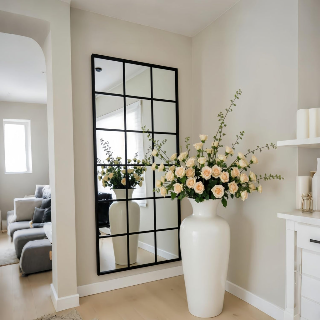 Windowpane Full Length Mirror, 65"x 24" Floor Standing Mirror, Black