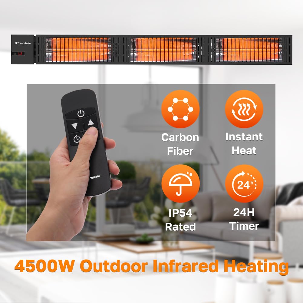Infrared Outdoor Patio Heater, 4500W Carbon Fiber Heating for Porch, Deck, Garage with Remote 24 Hours Timer, Hard