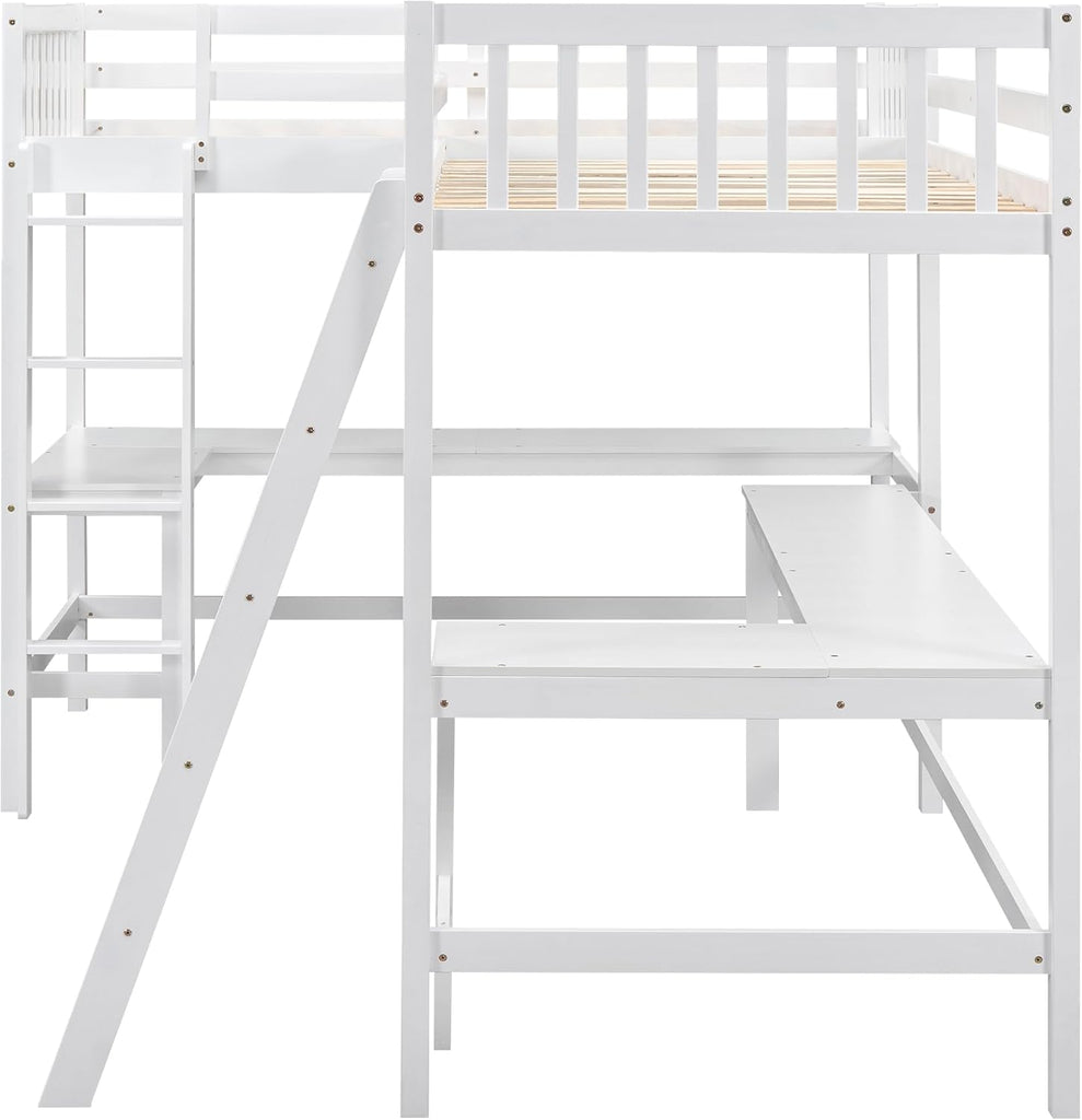 Corner Double Loft Bed with L-Shaped Desks, Twin Loft Bed with Desks & Slant Ladder for Kids Teens Adults