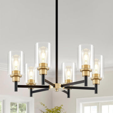 6-Light Modern Chandeliers, Black and Gold Chandelier Light Fixture with Clear Glass Shades, Hanging Pendant Lighting