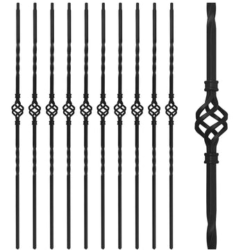10 Pack 44" Iron Single Basket Balusters for Staircase Interior, 1/2" Hollow Stair Balusters, Matte Black Metal