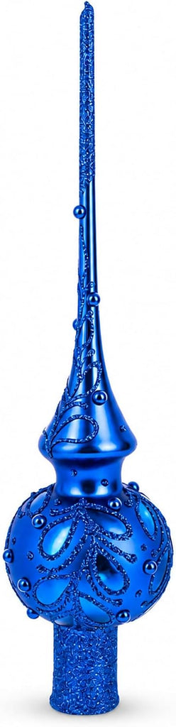 Blue Jewels Scroll on Blue Glass Christmas Tree Topper 11 Inches