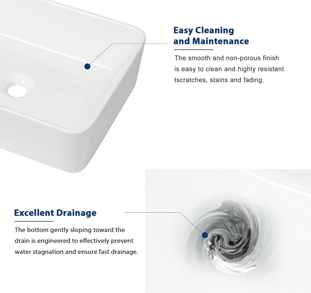 Sarlai Vessel Sink Rectangular - 19"x15" White Bathroom Sink Rectangle Above Counter Porcelain Ceramic Bathroom Vessel