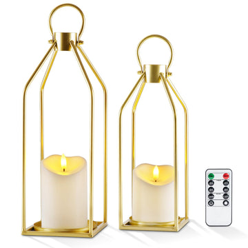 Modern Farmhouse Gold Metal Lanterns 2PCS with Flameless Candle