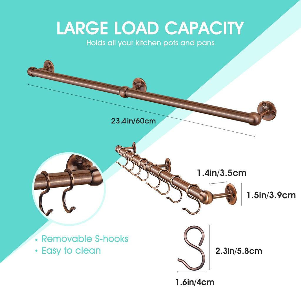 Stainless Steel Pot and Pan Hanger: 23.7 Inch Wall Mounted Hanging Pots and Pans Rack with Hooks (Antique Copper)