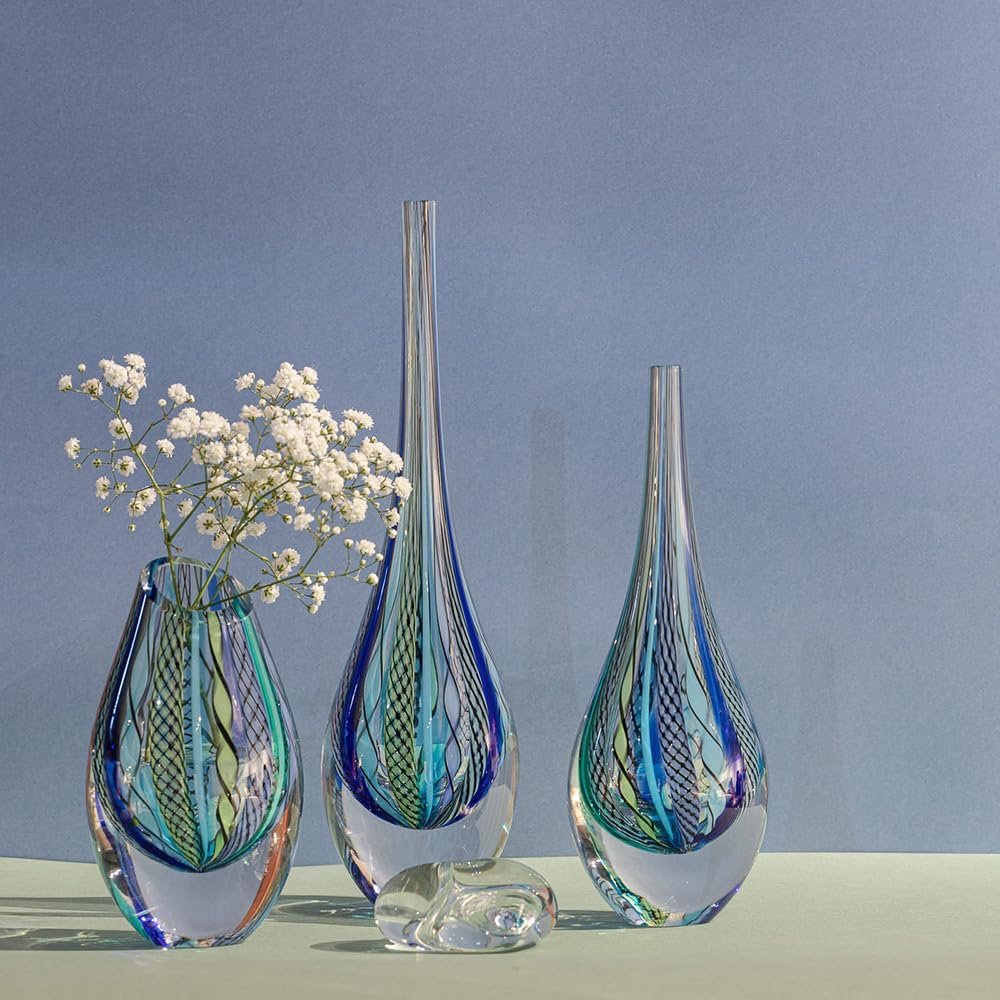 Murano Style Art Glass Drop Vase Hand Blown Blue Boho Effect Home Decor
