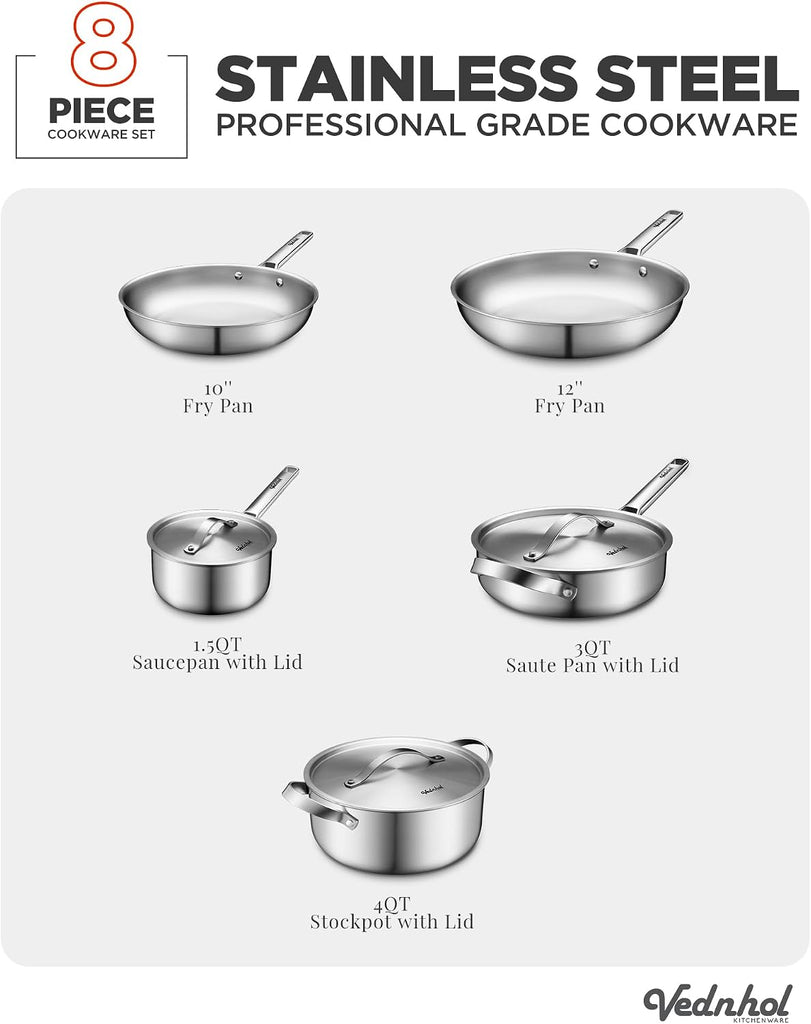 Stainless Steel Cookware Set, 8 Pcs Tir-Ply Pots and Pans Set, PFOA&PTFE Free, Dishwasher&Oven Safe, Kitchen
