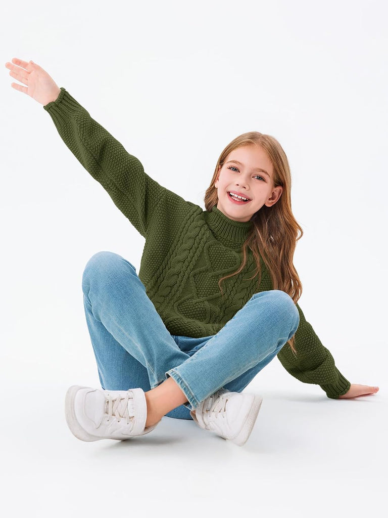 Girls Turtleneck Sweaters Kids Batwing Chunky Pullover Jumper