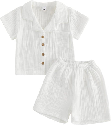 Toddler Baby Boy Summer Outfit Lapel Button Down Shirt Tops Cotton Gauze Shorts 2PCS Infant Little Boy Clothes Set