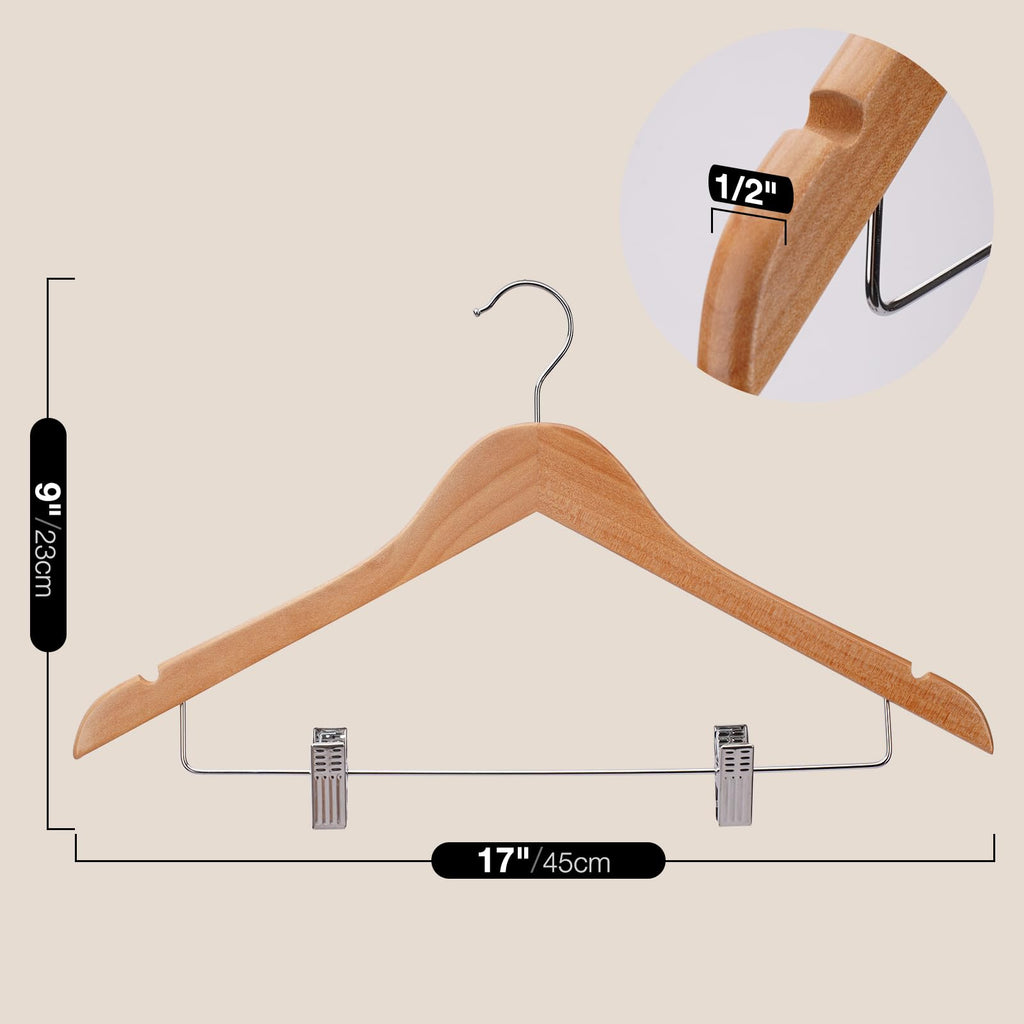 Wooden Hangers with Clips 24 PCS Pants Hangers with Clips, Smooth Solid Wooden Pants Hangers, 360 Swivel Hooks &