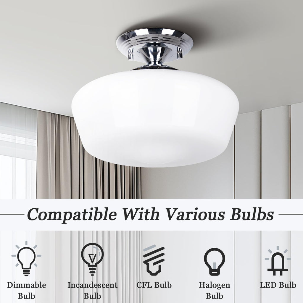 Schoolhouse Style Semi Flush Mount Ceiling Light Fixture, 12" Modern Chrome Hallway Ceiling Lamp with Opal Milk Glass