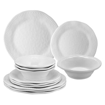 12 Piece Pebble Melamine Dinnerware Sets, Outdoor Dishes Set, Plates and Bowls Sets, Service for 4, White