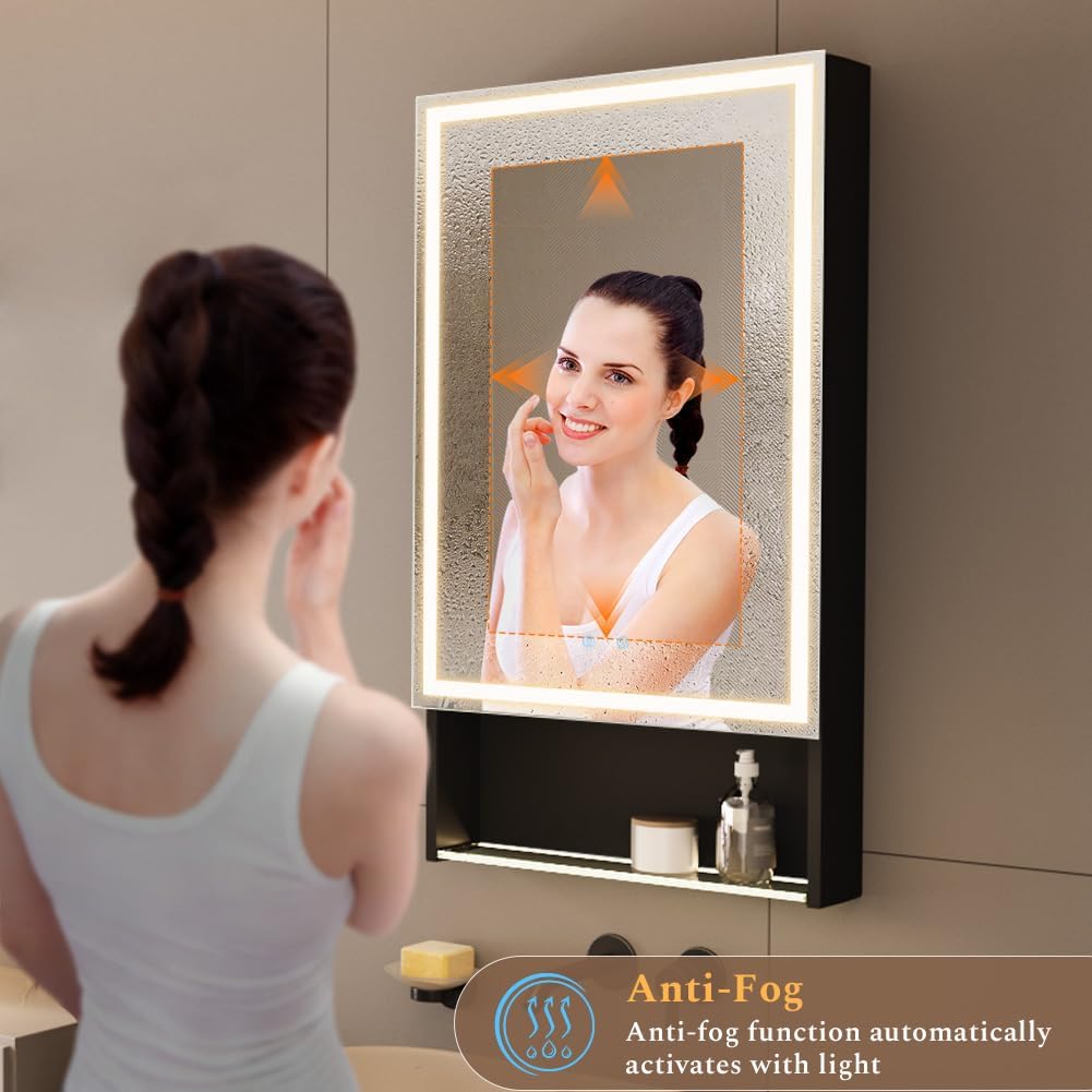 20"×34" Lighted Medicine Mirror Cabinet with Storage Adjustable Brightness 3 Color Temperature Lighting Anti-Fog