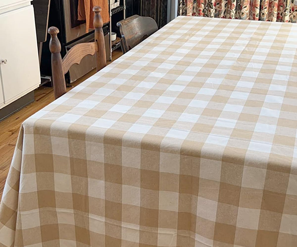 Rectangular Tablecloth, Cotton, Beige and Cream, 63 X 109, Farmhouse Plaid, Heat Resistant, 1.0 Coun