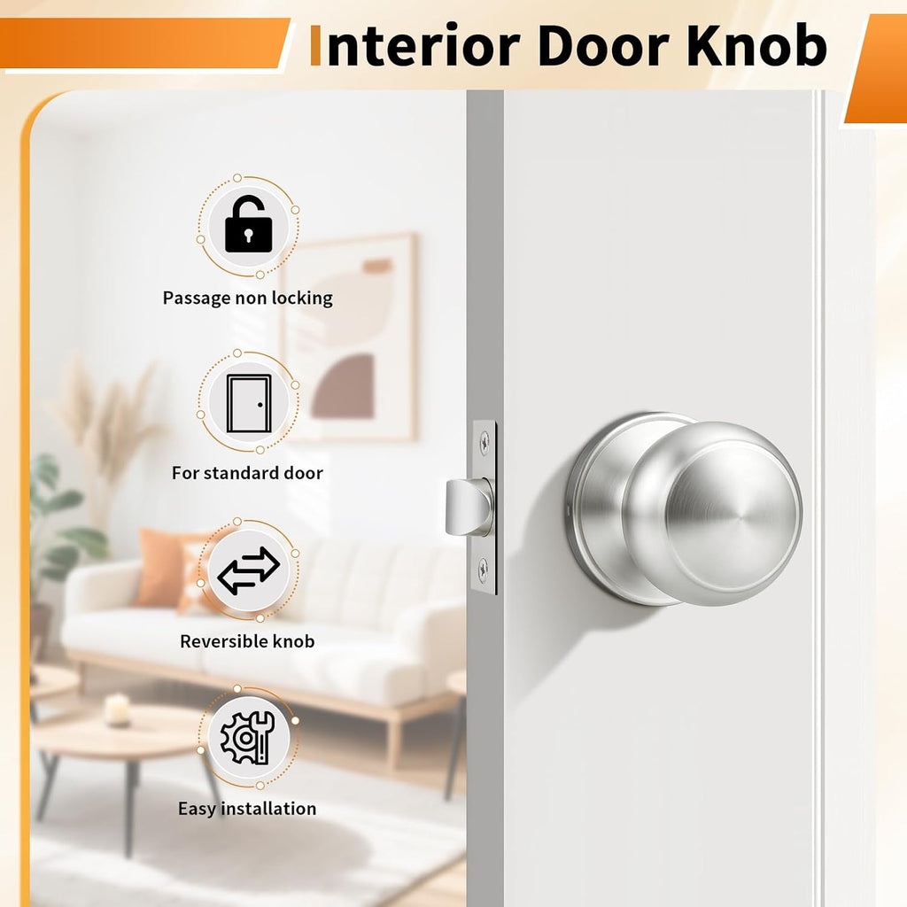 Brushed Nickel Door Knob, Passage Door Knobs for Closet and Hallway, Keyless Interior Door Knob, 6 Pack
