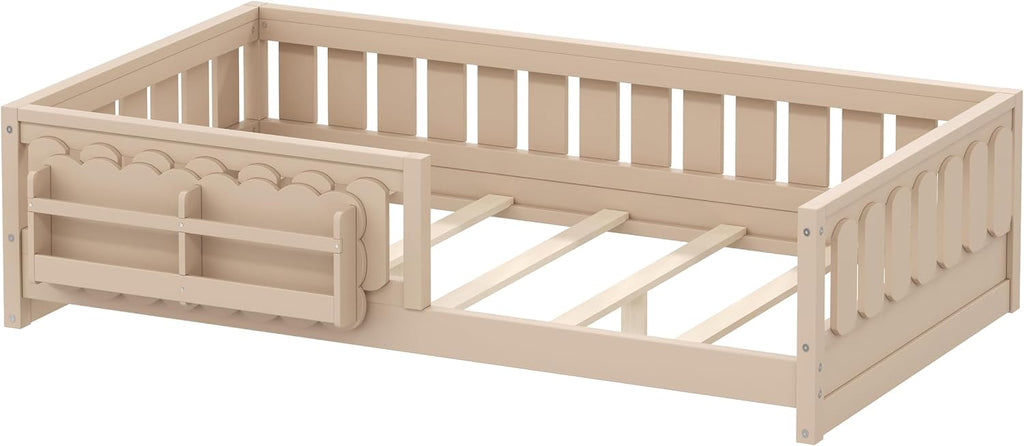 Floor Bed Frame for Kids with Fence and Bookshelves, Natural