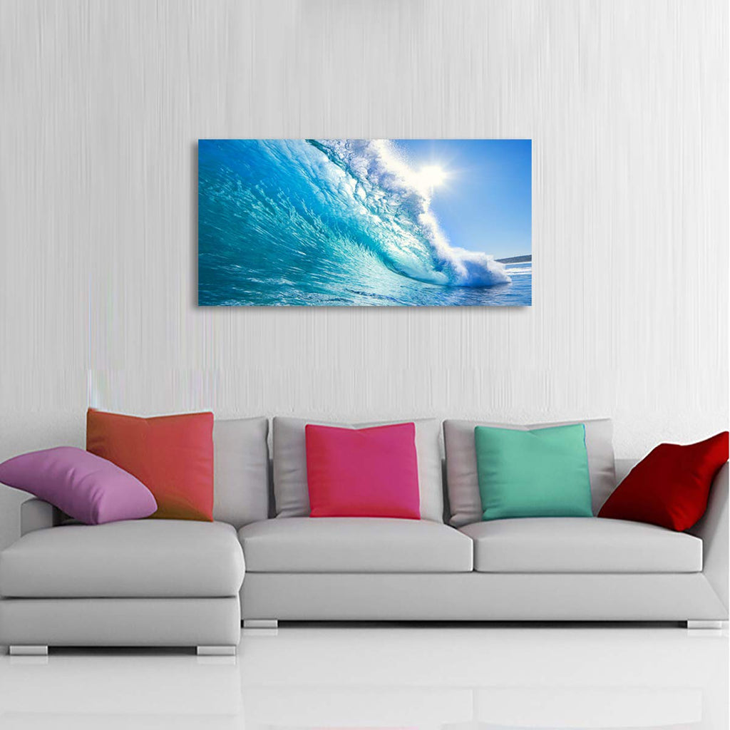 Framed Ocean Wave Wall Art, 48x24 Inch Large Horizontal Turquoise Sea Canvas Prints, Coastal Beach Nautical Wall