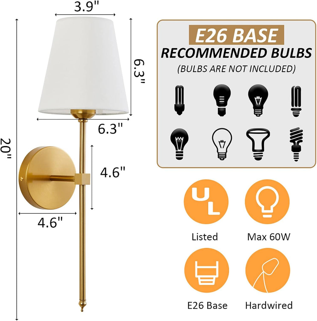 Wall Sconces Sets of 2, Retro Industrial Wall Lamps, Bathroom Vanity Sconces Wall Lighting with White Fabric Shade