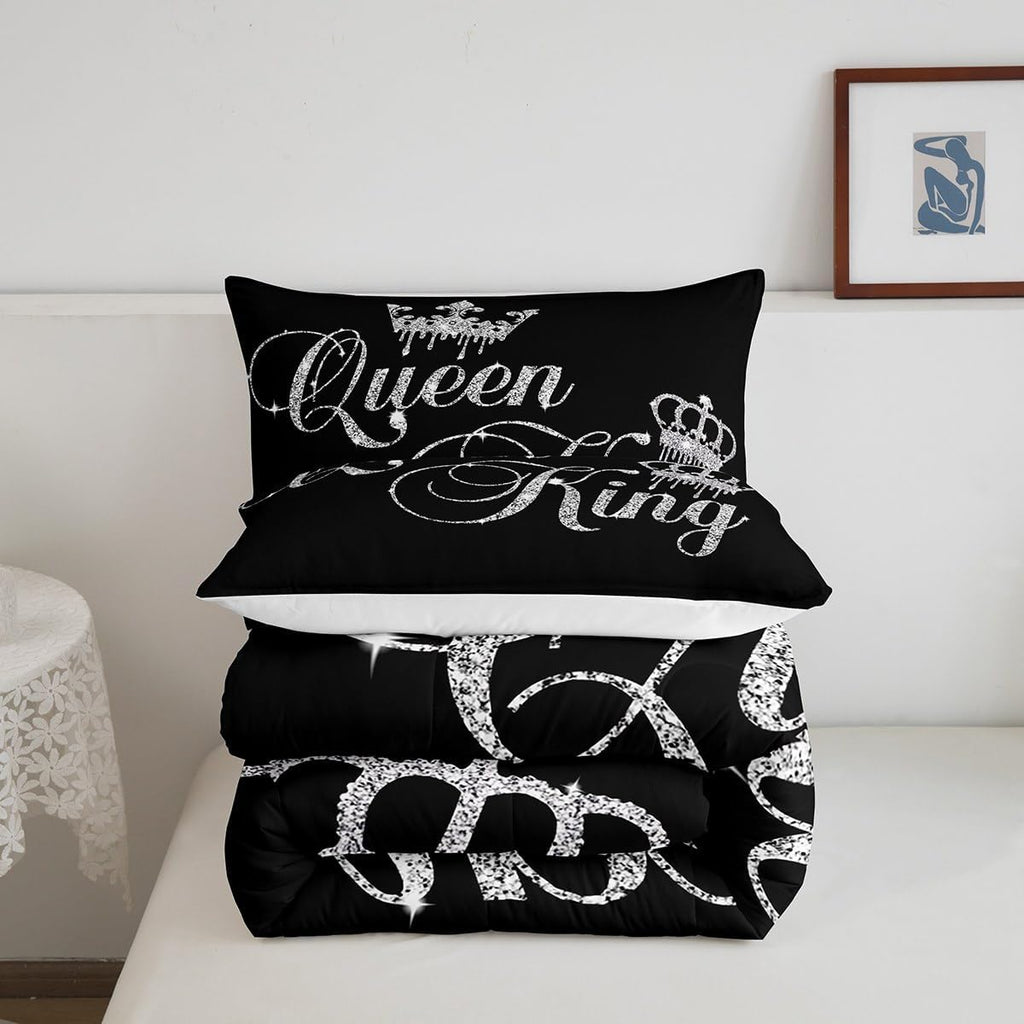 Feelyou Crown Queen and King Couple Comforter Sets His and Hers Bedding Set for Teens Women Men Black Grey King,Lover