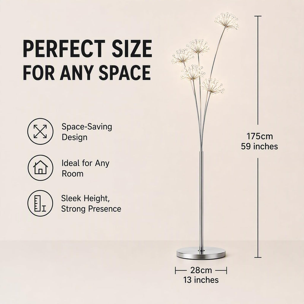 Modern Crystal Dandelion LED Floor Lamp with Remote Foot Control - 5-Head Elegant Standing Light | Includes 35x3W