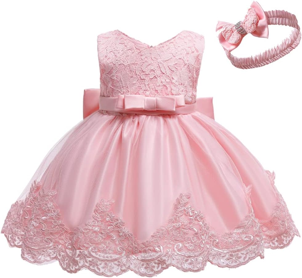 Baby Girl Party Dress Toddler Lace Embroidery Pageant Dresses with Headwear