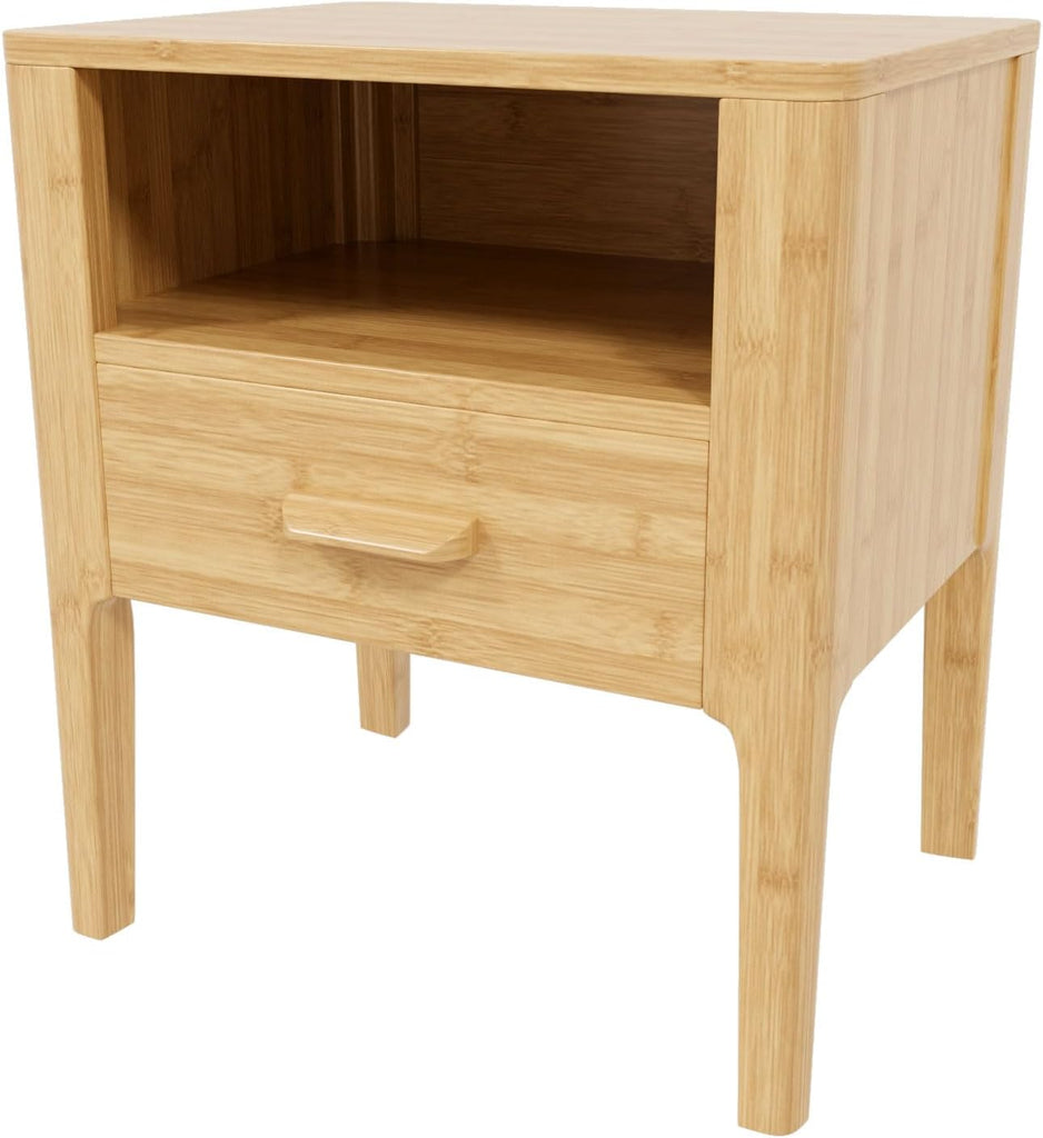 Bamboo Nightstands Set of 2 with Drawer & Shelf, Mid-Century Modern Solid Bedside Tables, Natural
