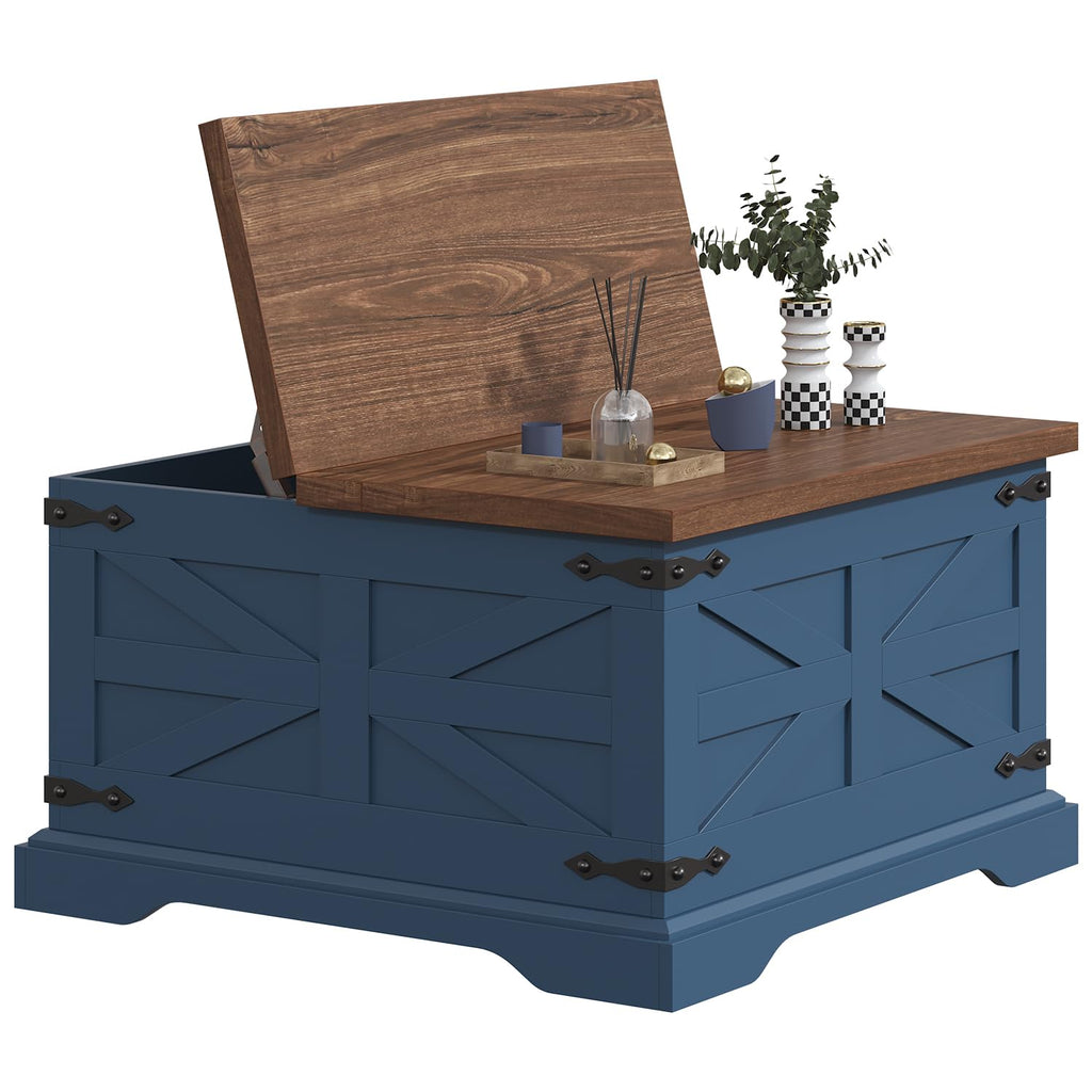 Blue Coffee Table with Storage, Farmhouse Square Center Table with Walnut Top, Hinged Lift Soft Close, Large Hidden